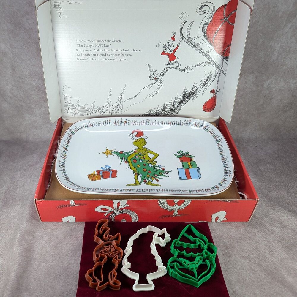 Williams Sonoma The Grinch Christmas Platter in Box with 3D Print Cookie Cutters